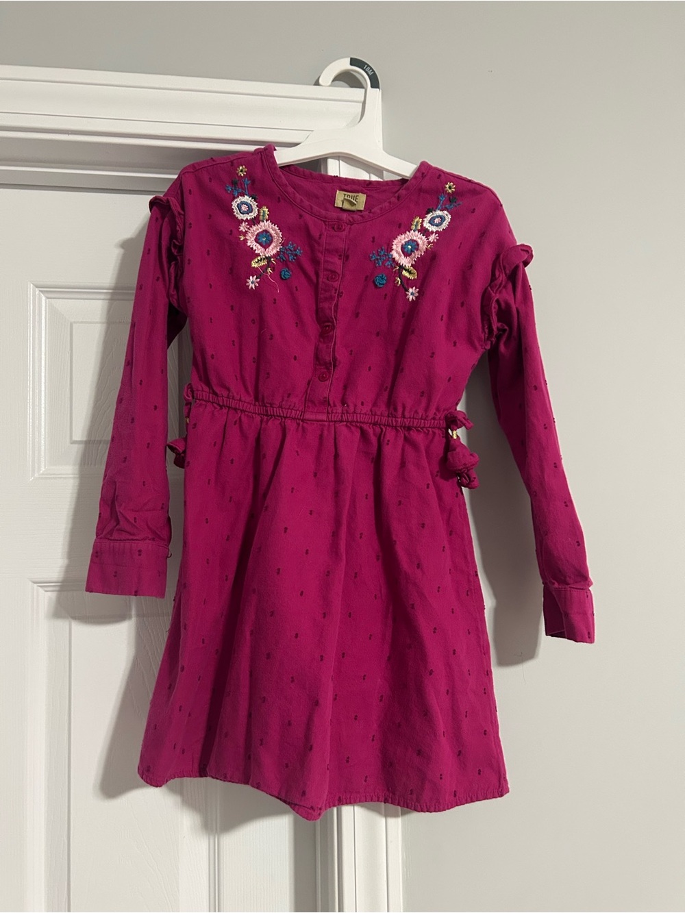 True Craft Girls' Fuchsia Embroidered Long-Sleeve Dress
